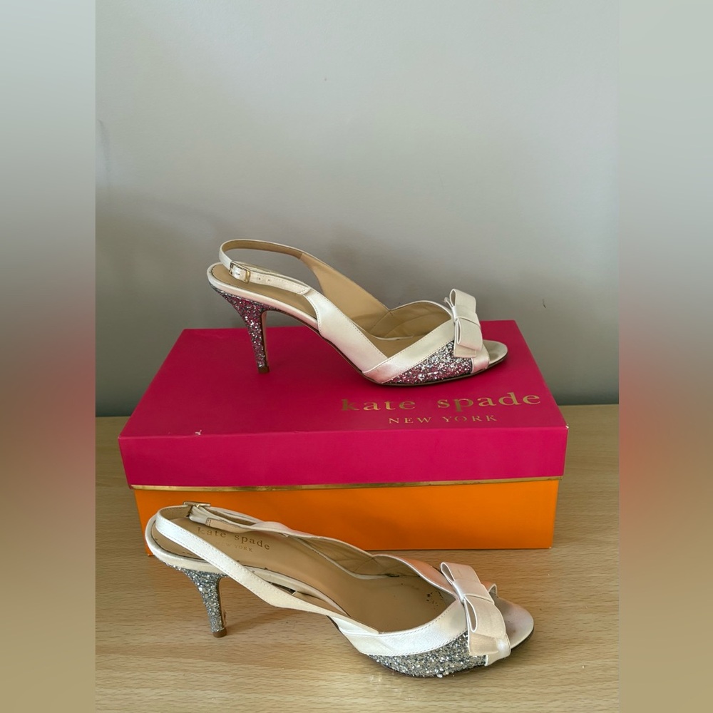 Kate Spade Ivory and Glitter Silver Heels Size 8